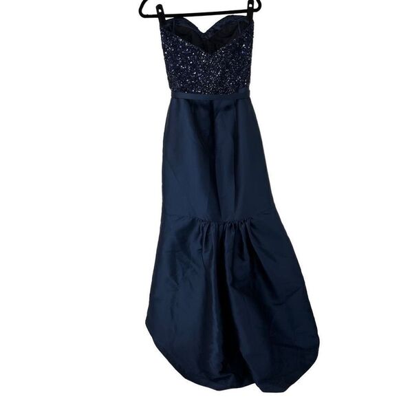 Theia Navy Blue Sequin Sweetheart Neckline Strapless High Low Formal Dress - Picture 2 of 15
